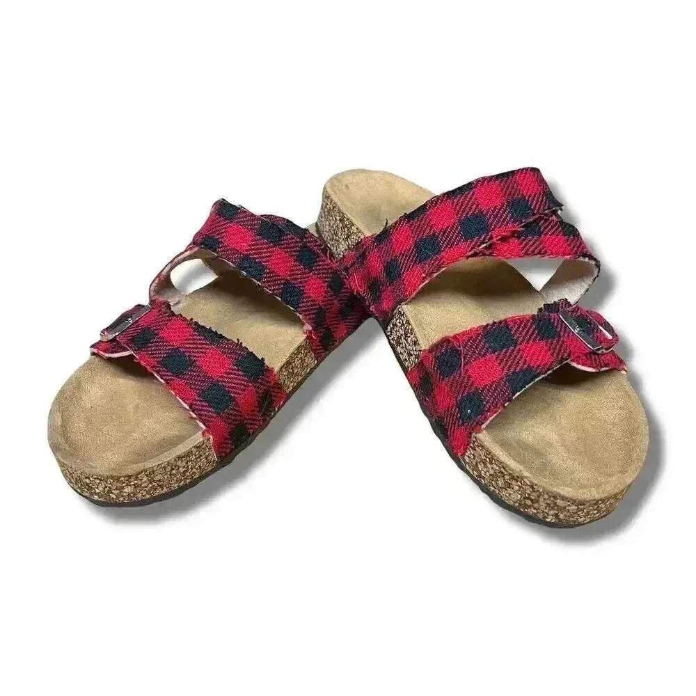 Rebel Buffalo Plaid Slide Sandals Adjustable Buckles Comfort Footbed Size 7